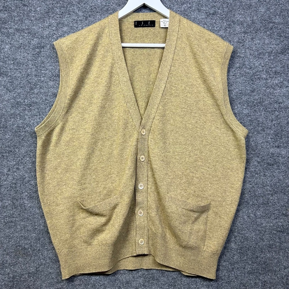 TSE Cashmere Sweater Vest Mens XL Yellow Good Button Cardigan V-Neck Pockets